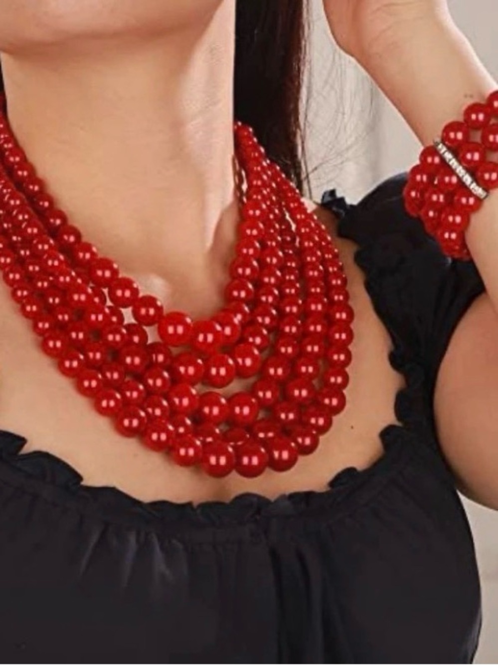 Bold Red Multi-Strand Beaded Statement Necklace by